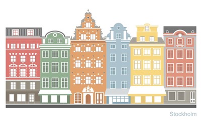 Stockholm - Stortorget place in Gamla stan. Stylized flat highly detailed illustration of an old European town - obrazy, fototapety, plakaty