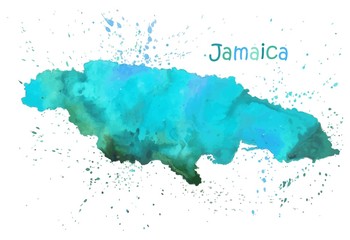 Watercolor map of Jamaica island. Stylized image with spots and splashes of paint