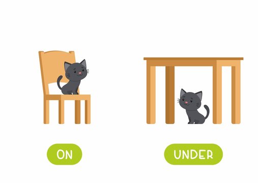 On and under prepositions antonyms word card flat vector template.  Flashcard for english language learning. Opposites concept. Cat sitting on  chair and under table cartoon illustration with typography Stock Vector |  Adobe