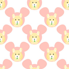 Cute cartoon mouse or small rodent eating in mouse head seamless pattern background. Hand drawn chinchilla eating leaf pattern. Childish vector illustration. Great for wallpaper, sticker, textile