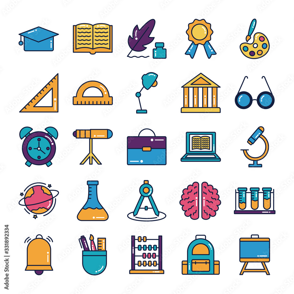 Poster bundle of schoolline and fill style set icons