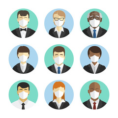 Set of avatars of people. Office workers in protective masks. Protection during an epidemic and pandemic.