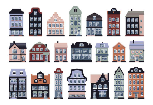 Cartoon houses colorful Amsterdam set. Graphic icon townhouse, european stayle. Flat urban and suburban home cottage. Different architecture building tall town. Isolated on white vector illustration