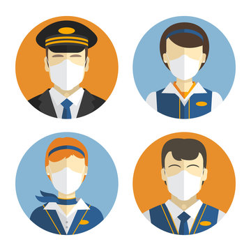 Aircraft crew icons set. Workers in protective masks. Protection during an epidemic and pandemic.