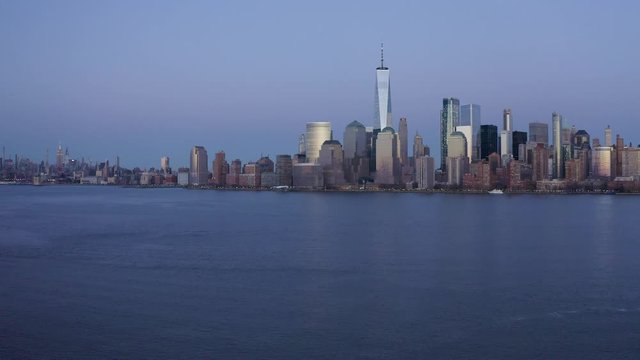 4K Aerial Footage, Aerial view Lower manhattan with Hudson River, New York City Twilight Sunset