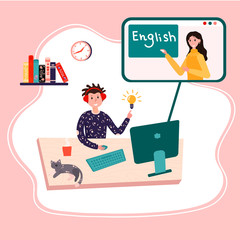 Online education, English class. Distance school. Student is learning English at home. Pupil is listening teacher. E-learning education vector concept. Tutor explain new lesson. Digital course.