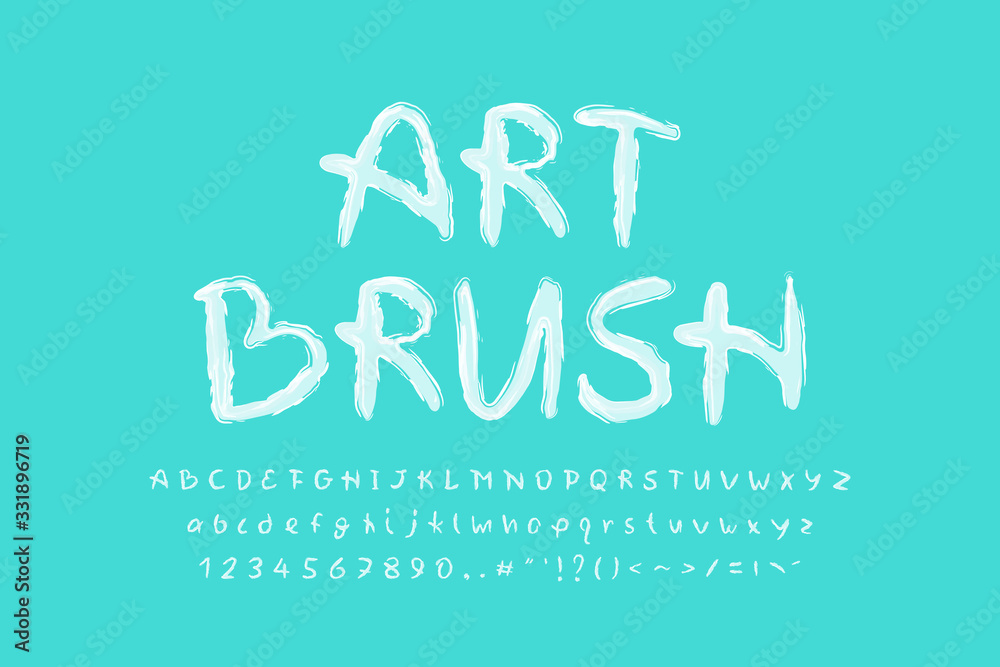 Fototapete paint brush alphabet white color on turquoise color background. uppercase and lowercase letters, num