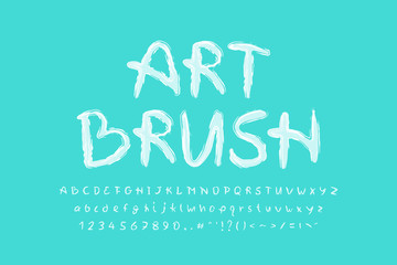 Paint brush alphabet white color on turquoise color background. Uppercase and lowercase letters, numbers and punctuation marks. Vector illustration