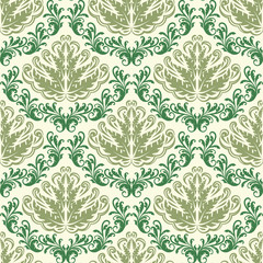 Vintage Wallpaper. Damask ornament green pattern on a light background. Fabric and packaging in vector