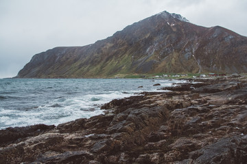 Norway mountain on the islands Lofoten. Natural scandinavian landscape. Place for text or advertising