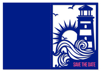Laser cutting template. Nautical wedding pocket invitation. Save the date card. Lighthouse with ocean wave. Sea theme silhouette. Stencil design. Paper cutout. Vector.