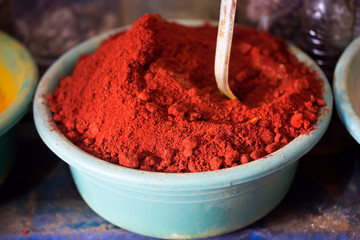 Red paprika spices in Moroccan shop