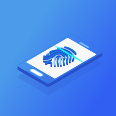 Digital information protection. Isometric mobile smart phone and fingerprint scan on blue background