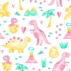 Watercolor painting seamless pattern with cute dinosaurs. Childish colorful background for nursery, paper and fabric. Watercolor hand drawn illustration