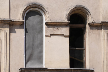 New building under construction and construction site of a residential building. the formation of cement supports in prefabricated forms. modern building under construction and scaffolding