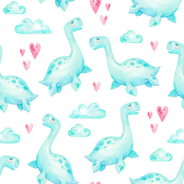Watercolor painting seamless pattern with cute dinosaurs and hearts. Childish colorful background for nursery, paper and fabric. Watercolor hand drawn illustration