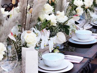 Amazing wedding decorations - table decoration -  with flowers: roses, orchids
