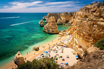 Beautiful view of Praia da Marinha, Algarve Coast in Portugal.