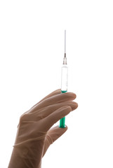 Hand with sterile glove holding syringe with vaccine against coronavirus covid-19 SARS-CoV-2
