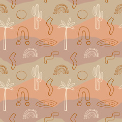 Abstract hand drawn seamless pattern with palm tree, cactus, sand dunes and various symbols