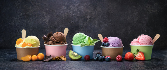 Various colorful ice cream in paper cup - obrazy, fototapety, plakaty