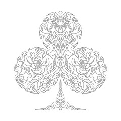 Poker playing card suit clover design shape single icon. Clubs suit deck of playing cards used for ace in Las Vegas royal casino. Single icon pattern isolated on white. Ornament drawing pic for tattoo