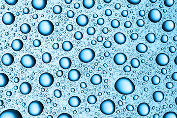 Water drops background. Wet glass surface texture. Bubble dew pattern. Transparent window blue raindrops. Perfectly round droplet design backdrop. Bright blue environment condensation texture.