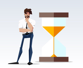 flat design picture illustration with character businessman standing with big hourglass. Flat design banner isolated on white background mission accomplished exactly pic drawing director and sandglass