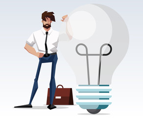 Successful beard businessman character thinks holding light bulb. Big idea concept. Symbol of having business inspiration thinking of a new idea. off light illustration