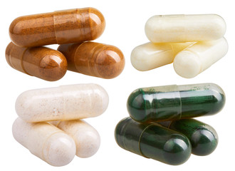 Set of transparent gelatin capsules with powder, isolated on white background. Pharmaceutical...