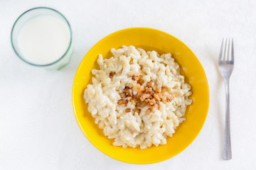 Bryndzove halusky, traditional national slovak food. Potato dumplings with bryndza sheep cheese and bacon. 