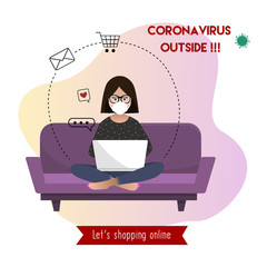 Coronavirus outside. Online shopping. Stay home. Scared girl with face mask making orders on laptop at home. Icons. Quarantine. vector flat illustration.