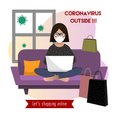 Coronavirus outside. Online shopping. Stay home. Scared girl with face mask working on laptop at home. Quarantine. vector flat illustration. - 331906765