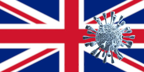 Coronavirus Covid-19 concept and United Kingdom Flag. Dangerous asian corona virus. 3D rendering. 