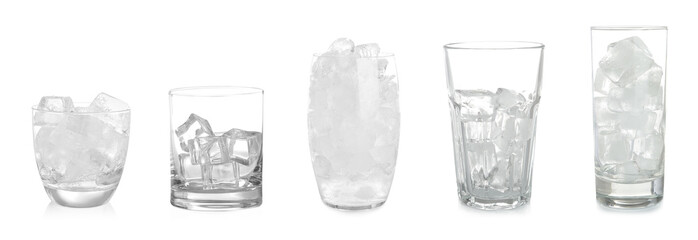Set of different glasses with ice cubes on white background - Powered by Adobe