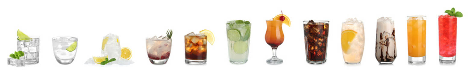 Set of different delicious cocktails with ice cubes on white background. Banner design - obrazy, fototapety, plakaty