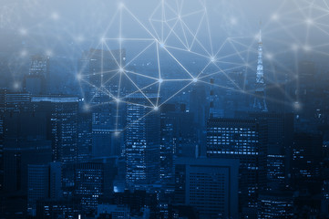 Business network connection on city financial background