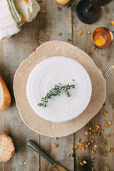 Fresh homemade cheese with wine and bread. Still life with a round of cheese. A circle of curd cheese on a plate.