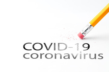 Closeup of pencil eraser and black covid-19 coronavirus text. Covid-19 Coronavirus concept inscription information bulletin. World Health organization WHO introduced new official name for Coronavirus