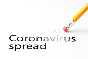Closeup of pencil eraser and black coronavirus spread text. Covid-19 Coronavirus concept inscription information bulletin. World Health organization WHO introduced new official name for Coronavirus