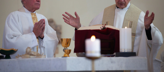 Two priests dressed in liturgical vestments celebrate the Holy Mass in the  Roman catholic church....