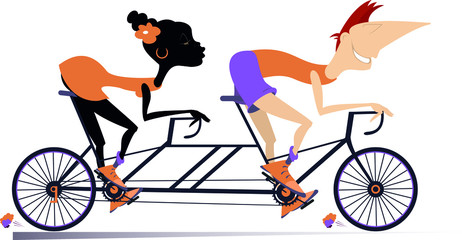 Obraz premium Caucasian man and African woman rides a tandem bike isolated. Smiling Caucasian man and African woman on the double bike isolated on white illustration 