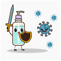 Cute Alcohol gel with sword and shield is fighting with virus. Vector cartoon illustration.