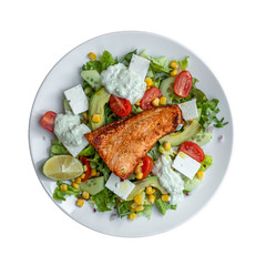 Fresh healty green salad, with tomatoes, lime, feta and salmon