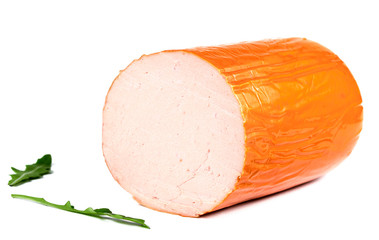 sausage with arugula leaves on white background