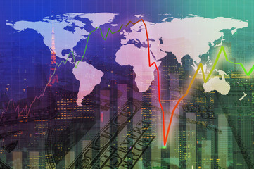 Double exposure business network connection and money on city with global map. Element of this images furnished by NASA