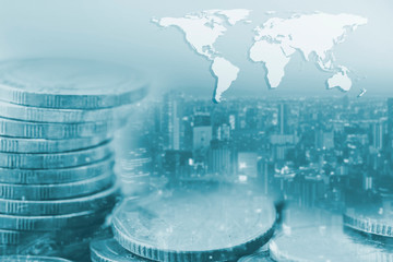 Double exposure business network connection and money on city with global map. Element of this images furnished by NASA