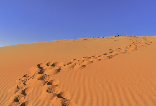 Huellas de personas en la arena en el desierto africano