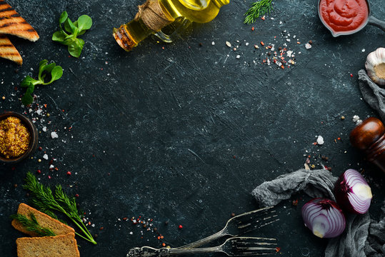 Black stone banner of cooking. Food background.