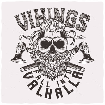 T-shirt Or Poster Design With Illustration Of A Viking Skull With Beard